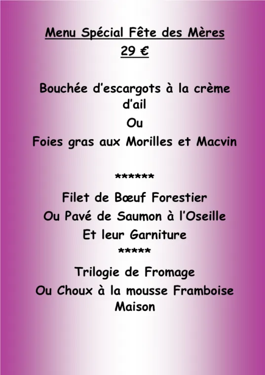 Menu spécial fête des Mères, Villers-le-Lac, Hôtel-Restaurant Les Cygnes