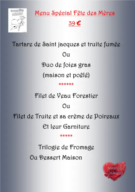 Menu spécial fête des Mères, Villers-le-Lac, Hôtel-Restaurant Les Cygnes