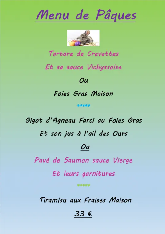 Menu de Pâques, Villers-le-Lac, Hôtel-Restaurant Les Cygnes