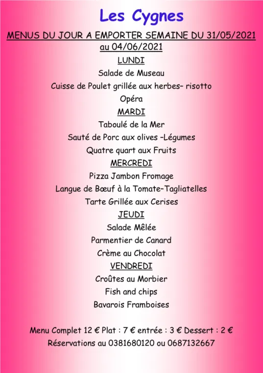 Menus à emporter Restaurant les Cygnes Villers-le-Lac, Villers-le-Lac, Hôtel-Restaurant Les Cygnes