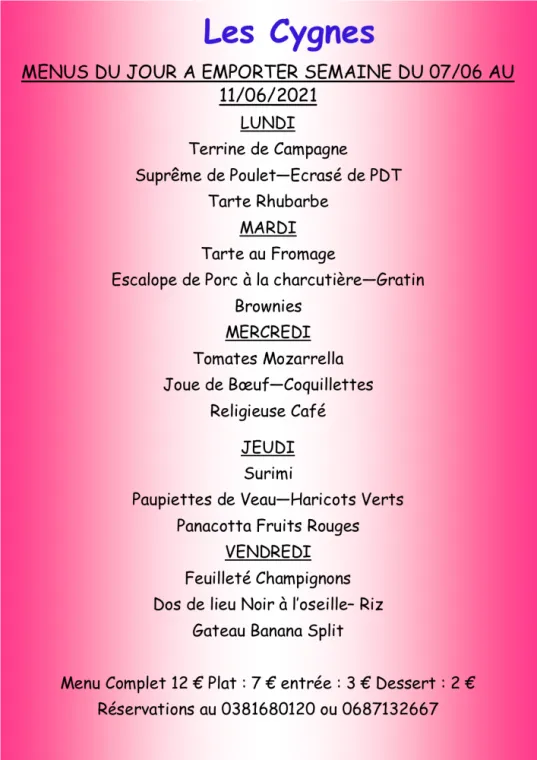 Menus à emporter Restaurant les Cygnes Villers-le-Lac, Villers-le-Lac, Hôtel-Restaurant Les Cygnes