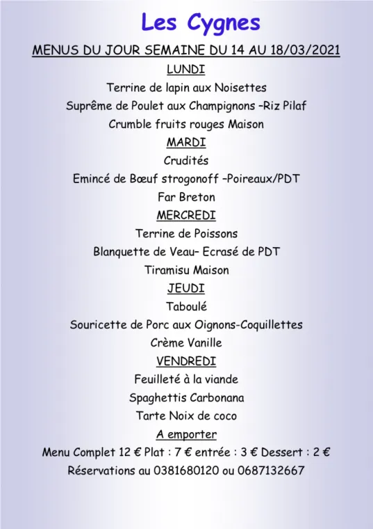 Menus à emporter Restaurant les Cygnes Villers-le-Lac, Villers-le-Lac, Hôtel-Restaurant Les Cygnes
