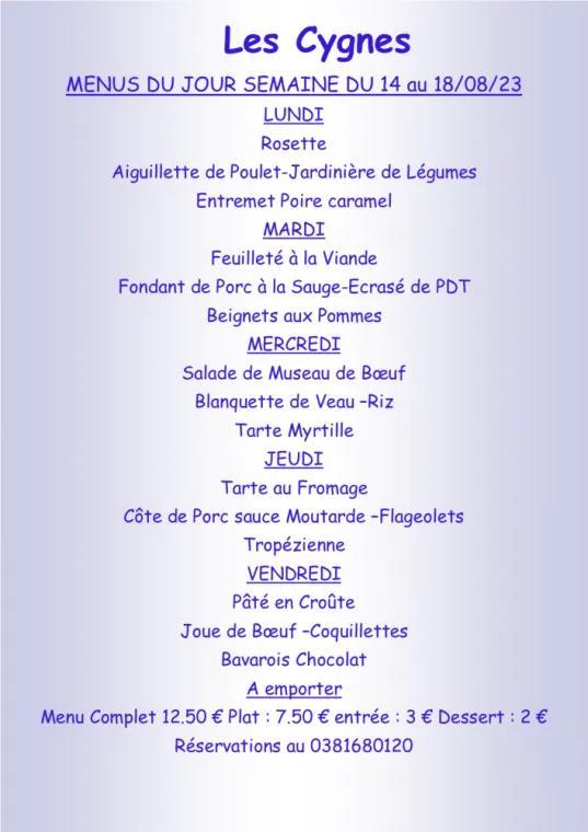 Menus à emporter Restaurant les Cygnes Villers-le-Lac, Villers-le-Lac, Hôtel-Restaurant Les Cygnes