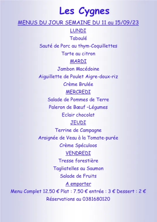 Menus à emporter Restaurant les Cygnes Villers-le-Lac, Villers-le-Lac, Hôtel-Restaurant Les Cygnes
