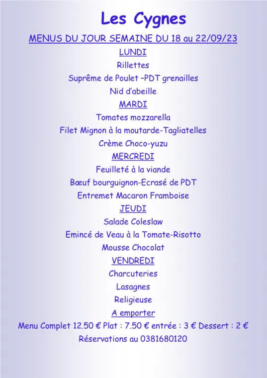 Menus à emporter Restaurant les Cygnes Villers-le-Lac, Villers-le-Lac, Hôtel-Restaurant Les Cygnes