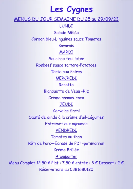 Menus à emporter Restaurant les Cygnes Villers-le-Lac, Villers-le-Lac, Hôtel-Restaurant Les Cygnes