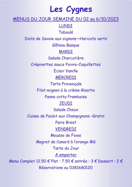 Menus à emporter Restaurant les Cygnes Villers-le-Lac, Villers-le-Lac, Hôtel-Restaurant Les Cygnes