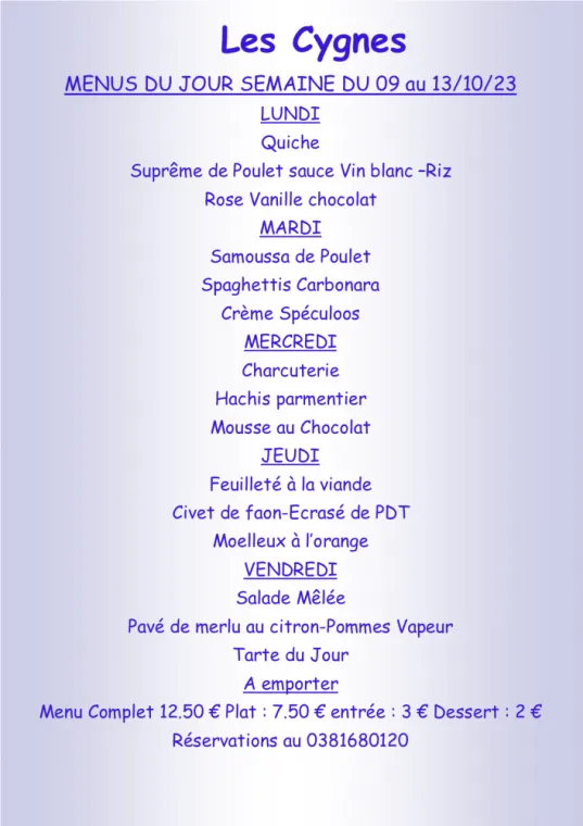 Menus à emporter Restaurant les Cygnes Villers-le-Lac, Villers-le-Lac, Hôtel-Restaurant Les Cygnes