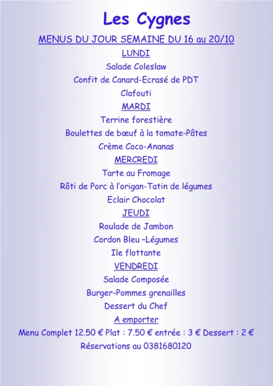 Menus à emporter Restaurant les Cygnes Villers-le-Lac, Villers-le-Lac, Hôtel-Restaurant Les Cygnes