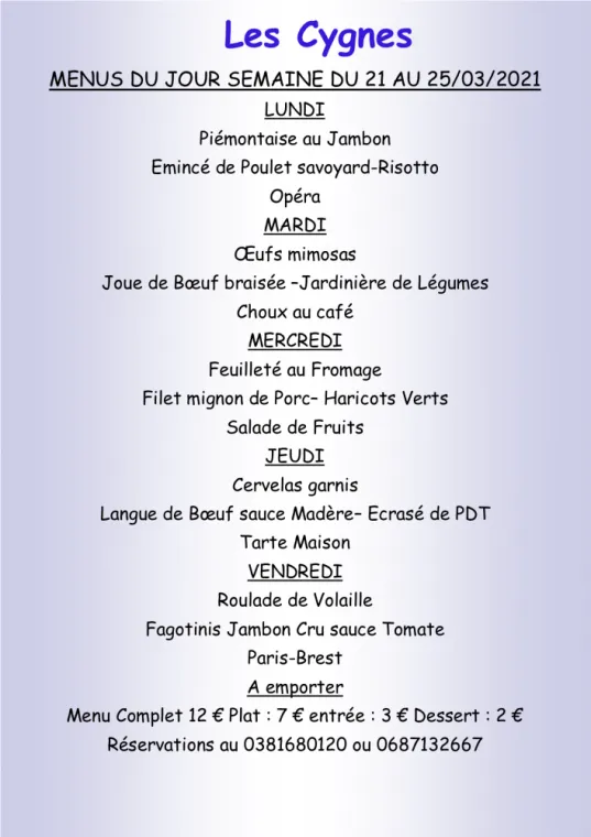 Menus à emporter Restaurant les Cygnes Villers-le-Lac, Villers-le-Lac, Hôtel-Restaurant Les Cygnes