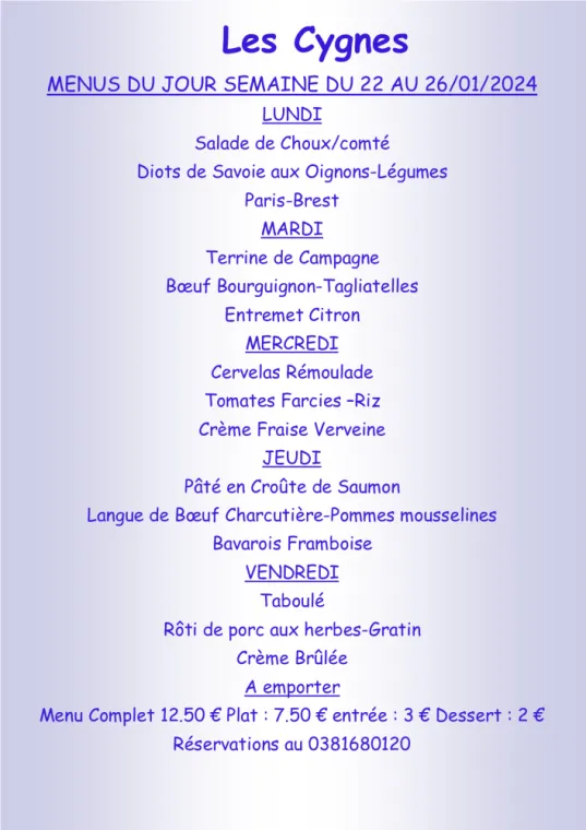 Menus à emporter Villers-le-Lac, Villers-le-Lac, Hôtel-Restaurant Les Cygnes