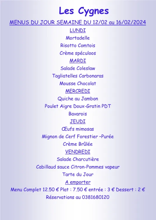 Menus à emporter Villers-le-Lac, Villers-le-Lac, Hôtel-Restaurant Les Cygnes