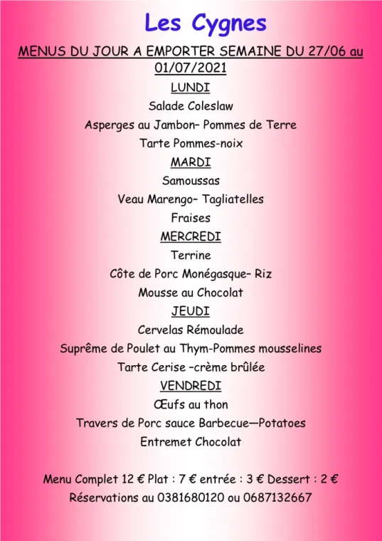 Menus à emporter Restaurant les Cygnes Villers-le-Lac, Villers-le-Lac, Hôtel-Restaurant Les Cygnes