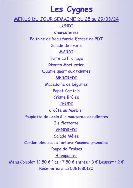 Menus à emporter Restaurant Villers-le-Lac, Villers-le-Lac, Hôtel-Restaurant Les Cygnes