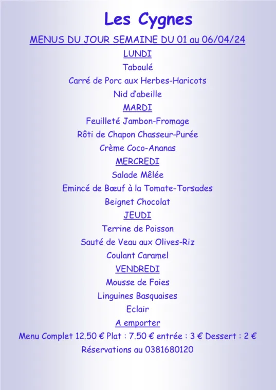 Menus à emporter Restaurant Villers-le-Lac, Villers-le-Lac, Hôtel-Restaurant Les Cygnes