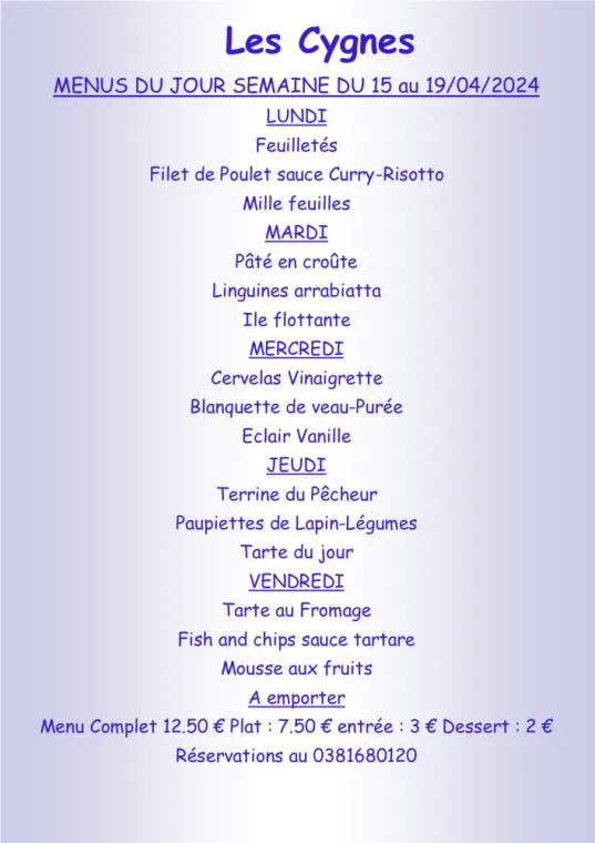 Menus à emporter Restaurant Villers le lac, Villers-le-Lac, Hôtel-Restaurant Les Cygnes