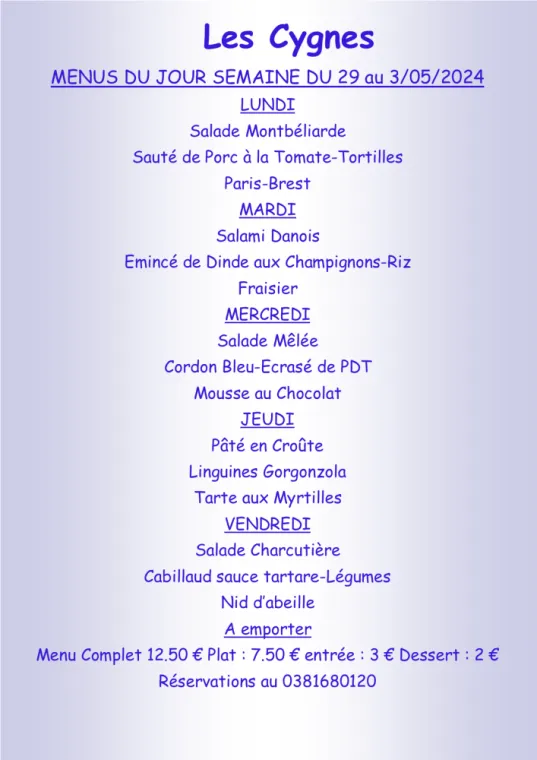 Menus à emporter Restaurant Villers le lac, Villers-le-Lac, Hôtel-Restaurant Les Cygnes