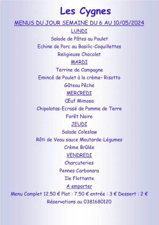 Menus à emporter Restaurant Villers le lac, Villers-le-Lac, Hôtel-Restaurant Les Cygnes
