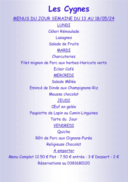 Menus à emporter Restaurant les Cygnes Villers le lac, Villers-le-Lac, Hôtel-Restaurant Les Cygnes