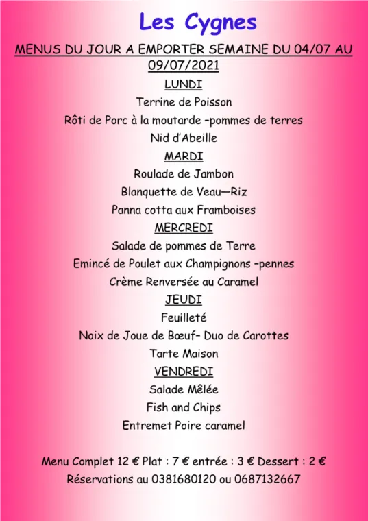 Menus à emporter Restaurant les Cygnes Villers-le-Lac, Villers-le-Lac, Hôtel-Restaurant Les Cygnes