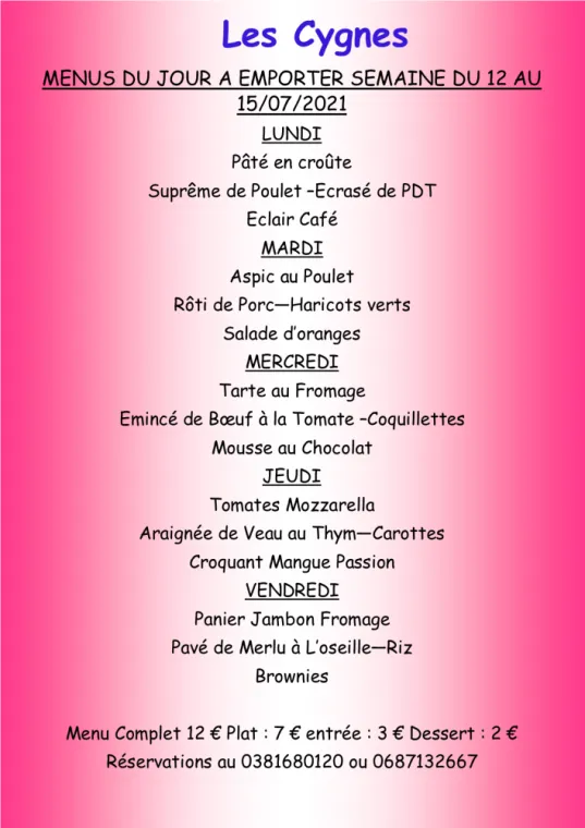 Menus à emporter Restaurant les Cygnes Villers-le-Lac, Villers-le-Lac, Hôtel-Restaurant Les Cygnes
