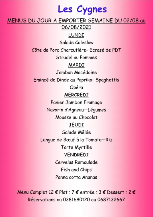 Menus à emporter Restaurant les Cygnes Villers-le-Lac, Villers-le-Lac, Hôtel-Restaurant Les Cygnes