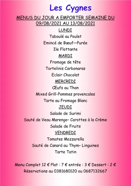Menus à emporter Restaurant les Cygnes Villers-le-Lac, Villers-le-Lac, Hôtel-Restaurant Les Cygnes