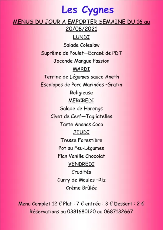 Menus à emporter Restaurant les Cygnes Villers-le-Lac, Villers-le-Lac, Hôtel-Restaurant Les Cygnes