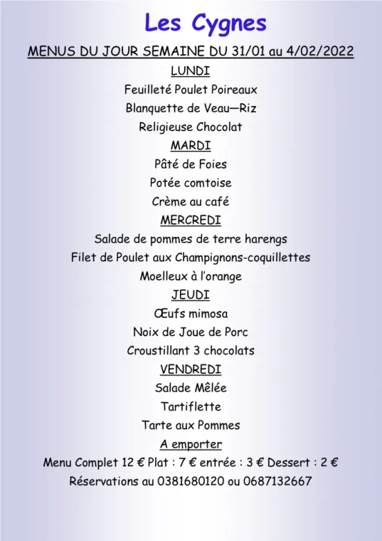 Menus à emporter Restaurant les Cygnes Villers-le-Lac, Villers-le-Lac, Hôtel-Restaurant Les Cygnes