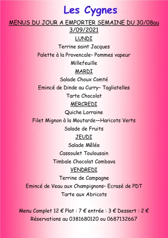 Menus à emporter Restaurant les Cygnes Villers-le-Lac, Villers-le-Lac, Hôtel-Restaurant Les Cygnes