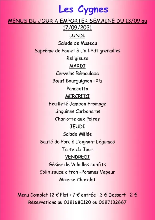 Menus à emporter Restaurant les Cygnes Villers-le-Lac, Villers-le-Lac, Hôtel-Restaurant Les Cygnes