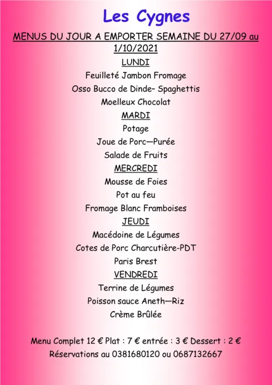 Menus à emporter Restaurant les Cygnes Villers-le-Lac, Villers-le-Lac, Hôtel-Restaurant Les Cygnes