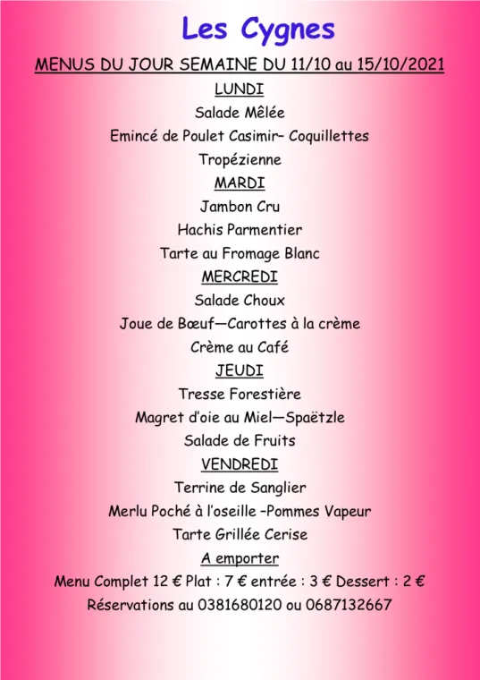 Menus à emporter Restaurant les Cygnes Villers-le-Lac, Villers-le-Lac, Hôtel-Restaurant Les Cygnes