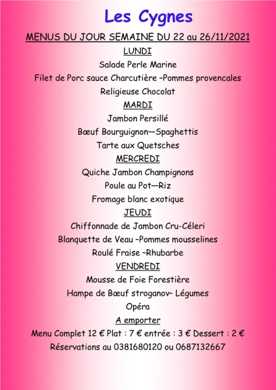 Menus à emporter Restaurant les Cygnes Villers-le-Lac, Villers-le-Lac, Hôtel-Restaurant Les Cygnes
