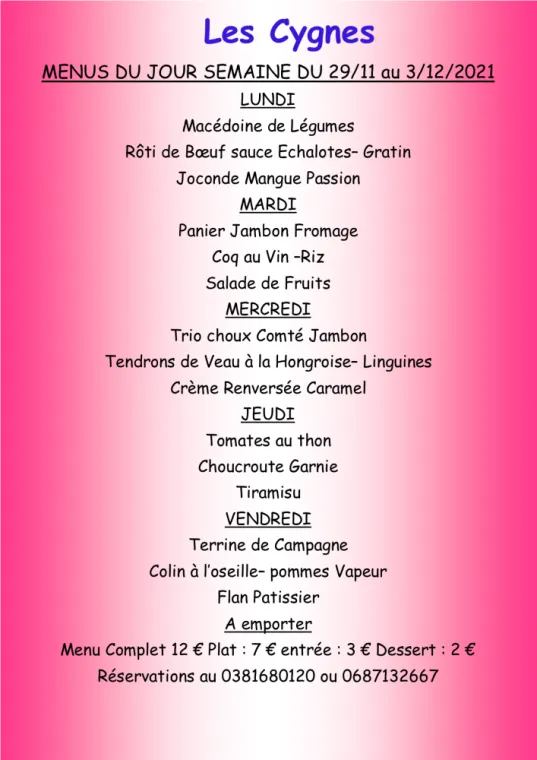Menus à emporter Restaurant les Cygnes Villers-le-Lac, Villers-le-Lac, Hôtel-Restaurant Les Cygnes