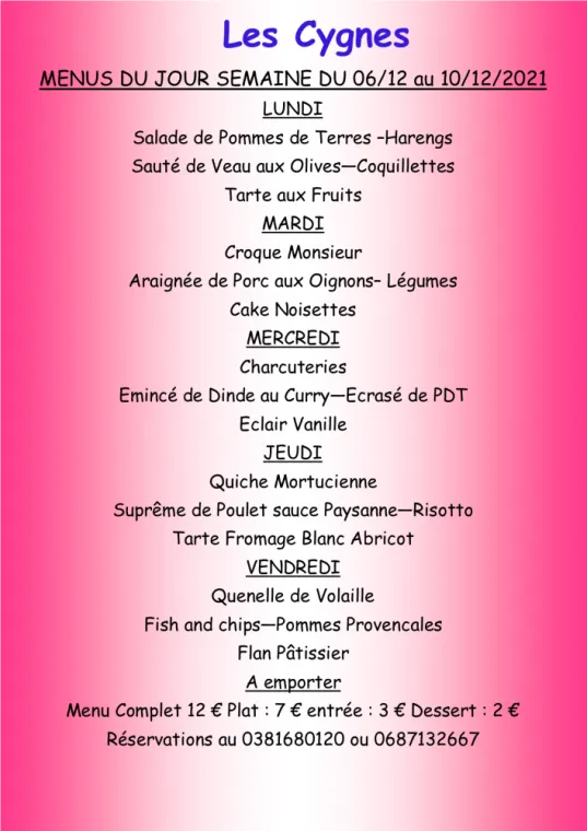 Menus à emporter Restaurant les Cygnes Villers-le-Lac, Villers-le-Lac, Hôtel-Restaurant Les Cygnes