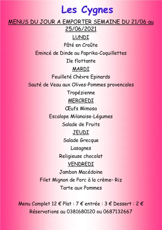 Menus à emporter Restaurant les Cygnes Villers-le-Lac, Villers-le-Lac, Hôtel-Restaurant Les Cygnes