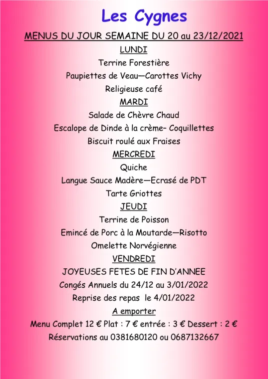 Menus à emporter Restaurant les Cygnes Villers-le-Lac, Villers-le-Lac, Hôtel-Restaurant Les Cygnes