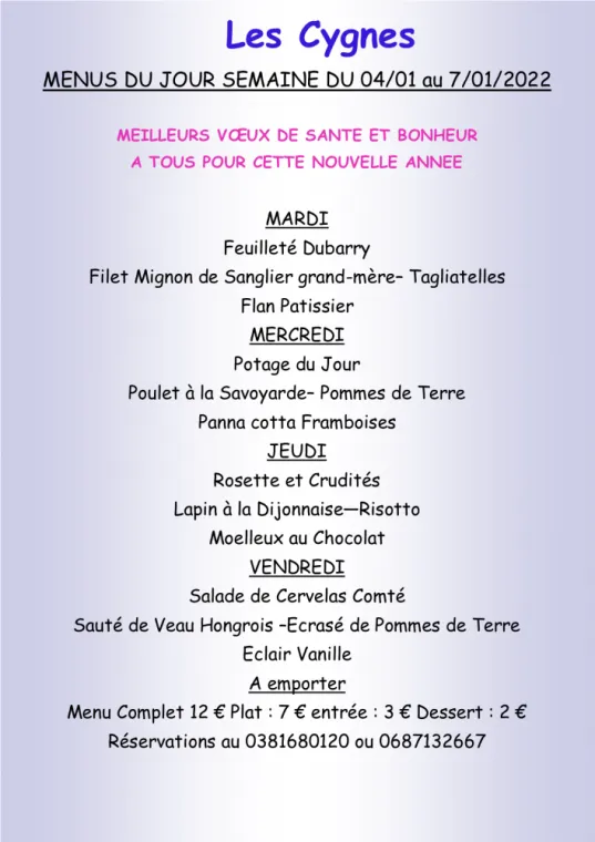 Menus à emporter Restaurant les Cygnes Villers-le-Lac, Villers-le-Lac, Hôtel-Restaurant Les Cygnes