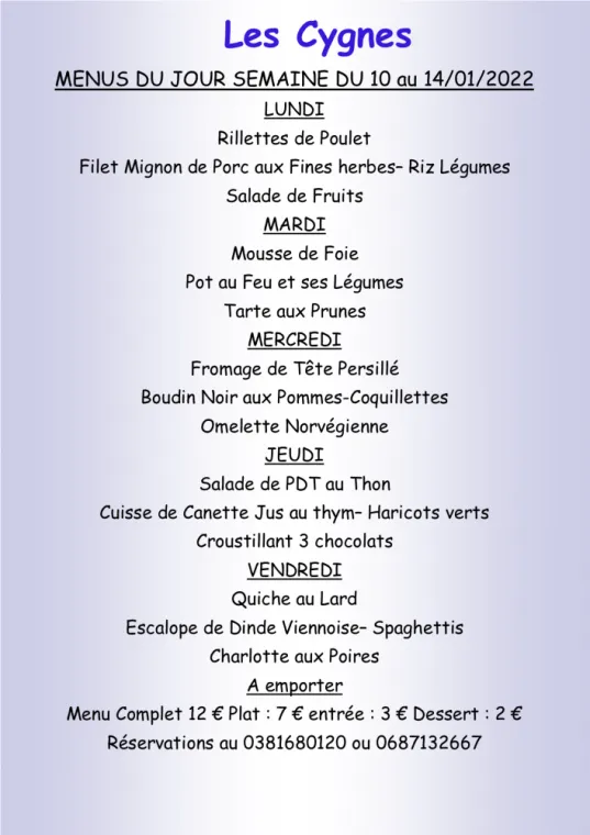 Menus à emporter Restaurant les Cygnes Villers-le-Lac, Villers-le-Lac, Hôtel-Restaurant Les Cygnes