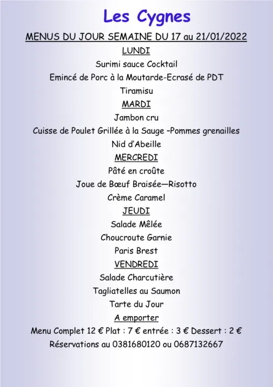 Menus à emporter Restaurant les Cygnes Villers-le-Lac, Villers-le-Lac, Hôtel-Restaurant Les Cygnes