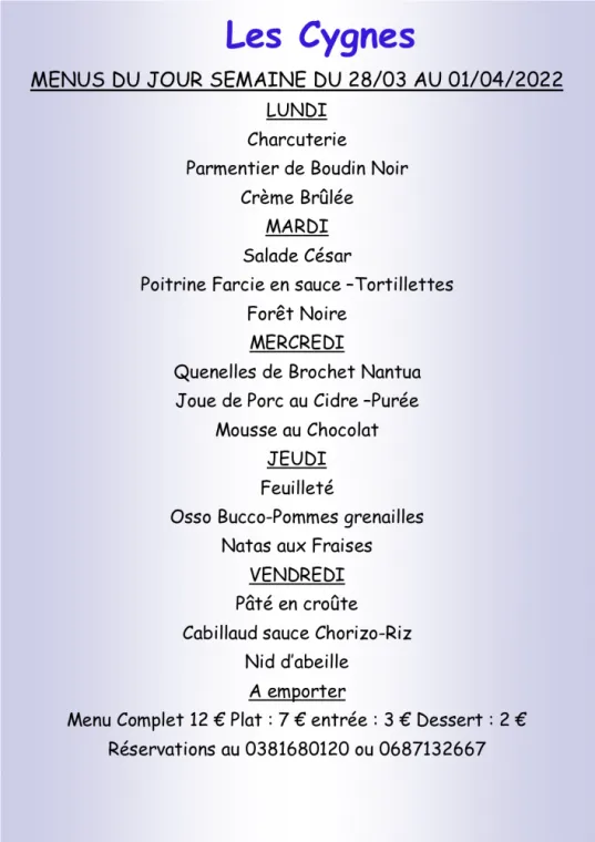 Menus à emporter Restaurant les Cygnes Villers-le-Lac, Villers-le-Lac, Hôtel-Restaurant Les Cygnes