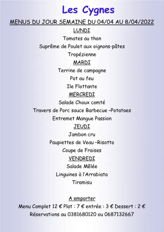 Menus à emporter Restaurant les Cygnes Villers-le-Lac, Villers-le-Lac, Hôtel-Restaurant Les Cygnes