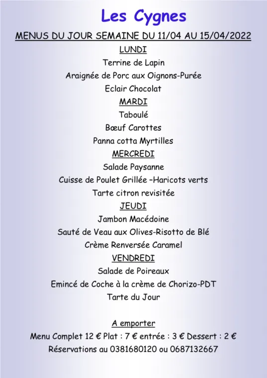 Menus à emporter Restaurant les Cygnes Villers-le-Lac, Villers-le-Lac, Hôtel-Restaurant Les Cygnes
