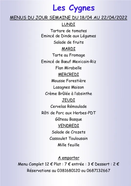 Menus à emporter Restaurant les Cygnes Villers-le-Lac, Villers-le-Lac, Hôtel-Restaurant Les Cygnes