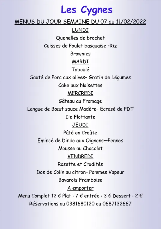 Menus à emporter Restaurant les Cygnes Villers-le-Lac, Villers-le-Lac, Hôtel-Restaurant Les Cygnes