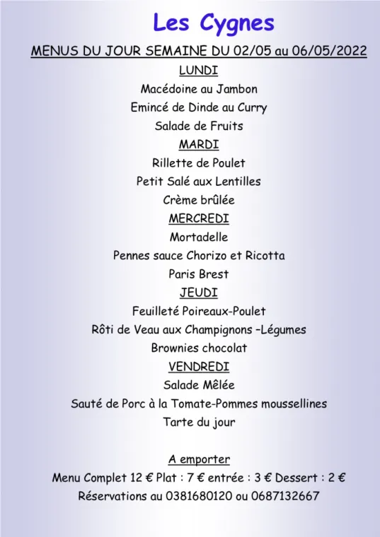 Menus à emporter Restaurant les Cygnes Villers-le-Lac, Villers-le-Lac, Hôtel-Restaurant Les Cygnes