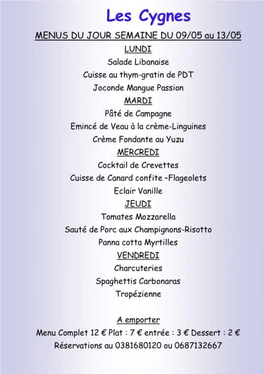 Menus à emporter Restaurant les Cygnes Villers-le-Lac, Villers-le-Lac, Hôtel-Restaurant Les Cygnes