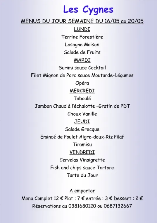 Menus à emporter Restaurant les Cygnes Villers-le-Lac, Villers-le-Lac, Hôtel-Restaurant Les Cygnes