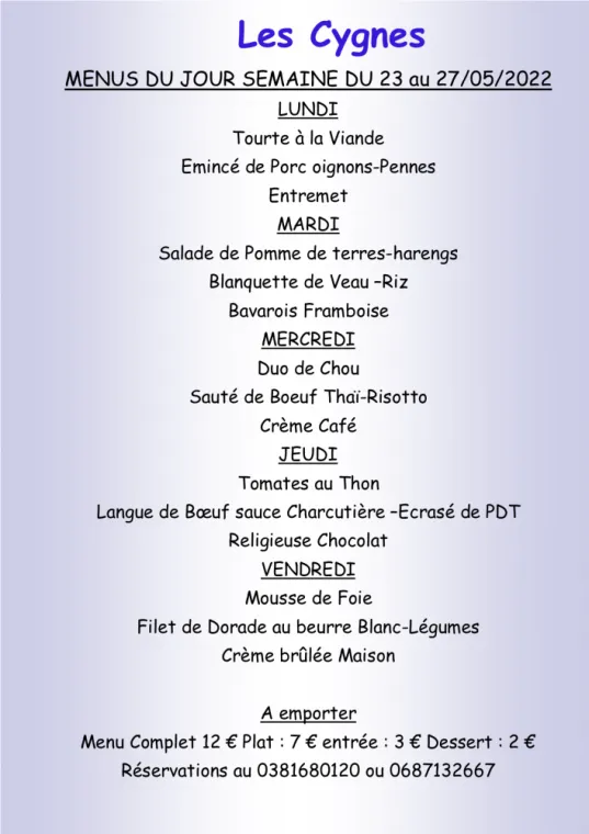 Menus à emporter Restaurant les Cygnes Villers-le-Lac, Villers-le-Lac, Hôtel-Restaurant Les Cygnes